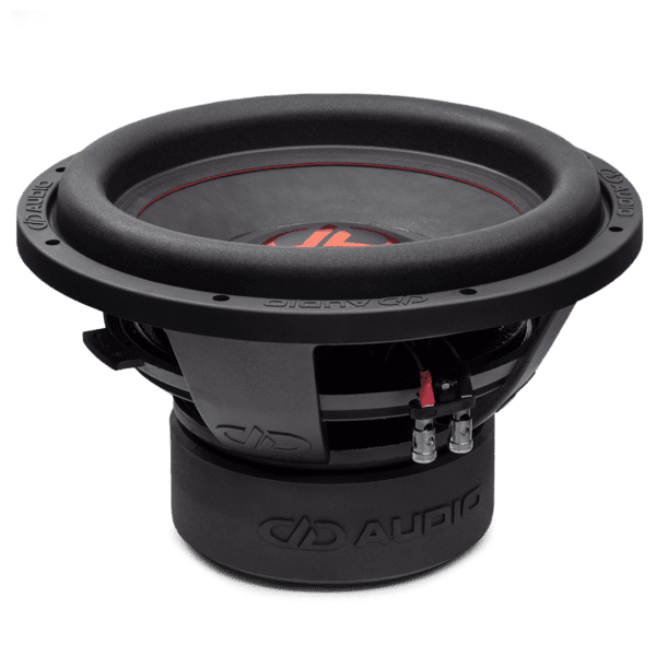 A DD Audio 12" 600 Series Subwoofer with a red and black subwoofer.