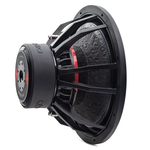 A DD Audio 15" 600 Series Subwoofers with a red and black cone.