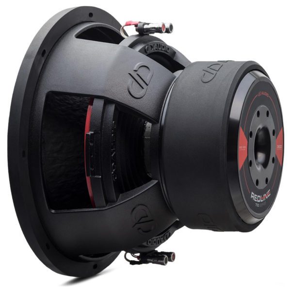 A black DD Audio 12" 700 Series Subwoofer with a red and black design.