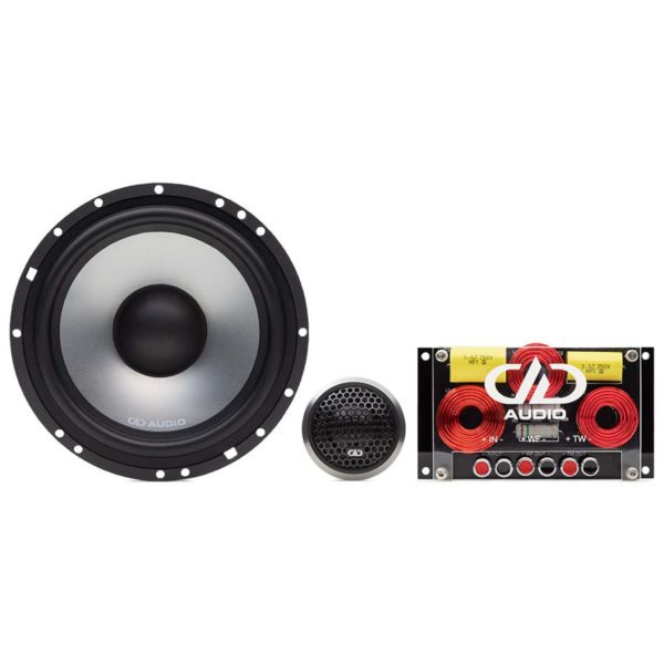 A pair of DD Audio CC6.5A C Series Component Set speakers and a subwoofer on a white background.