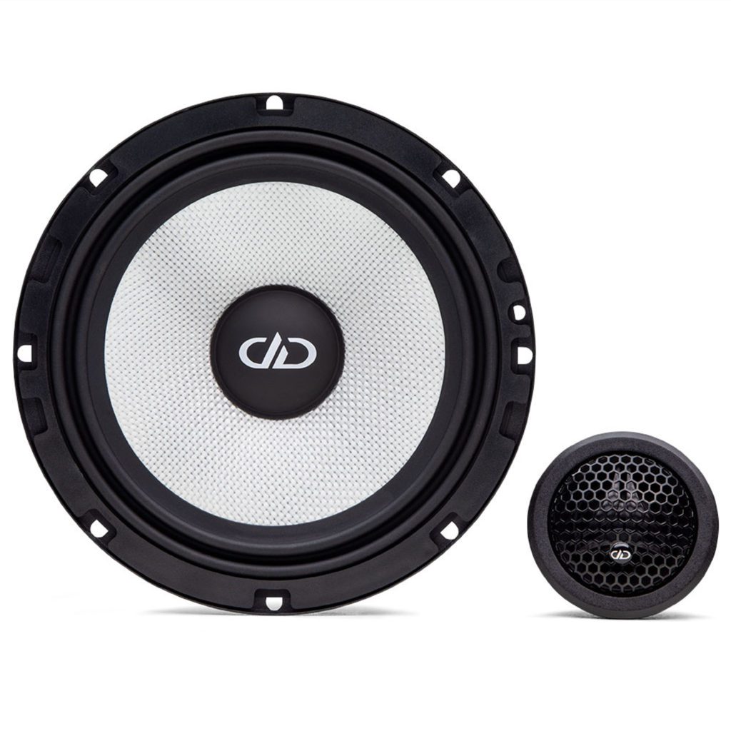 A pair of DD Audio D-C6.5b D Series Component Set speakers and a subwoofer on a white background.