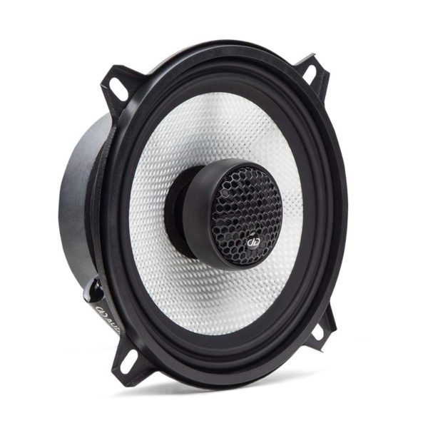 A pair of car speakers on a white background.