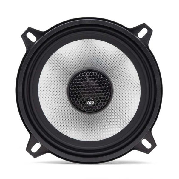 A pair of car speakers on a white background.