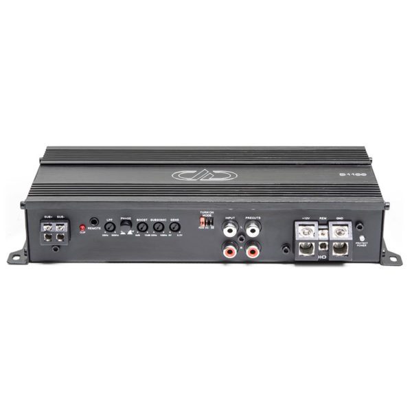 A DD Audio D1100 D Series Monoblock Amplifier with two inputs and two outputs.