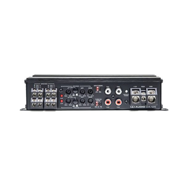 A DD Audio D4.125 D Series 4 Channel Amplifier with two inputs and two outputs.