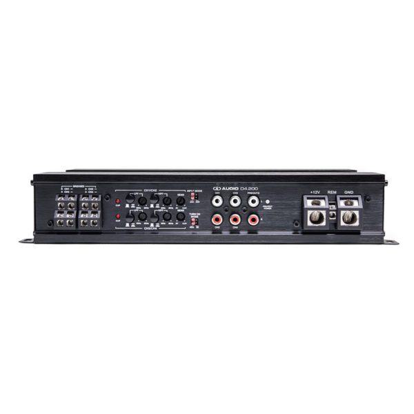 A DD Audio D4.200 D Series 4 Channel Amplifier with two inputs and two outputs.