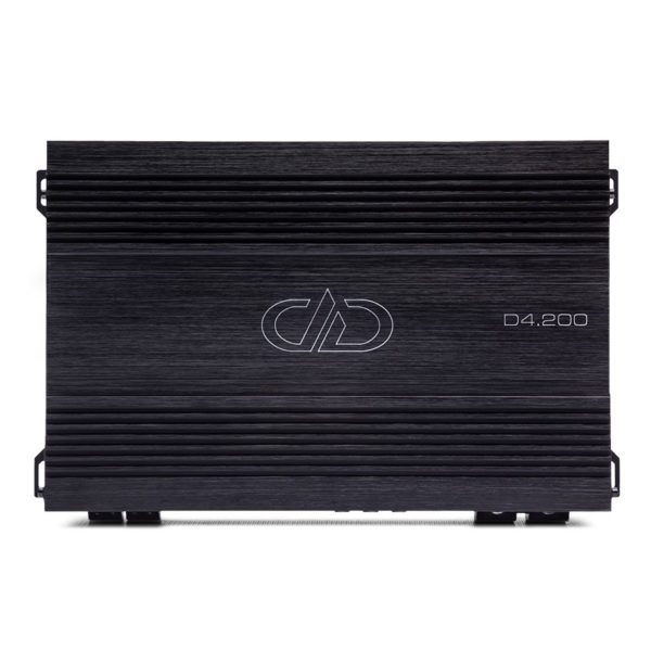 A black DD Audio D4.200 D Series 4 Channel Amplifier with the logo on it.
