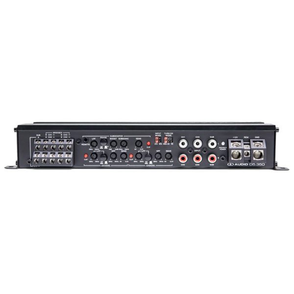 A DD Audio D5.350 D SERIES 5 CHANNEL AMPLIFIER with two inputs and two outputs.