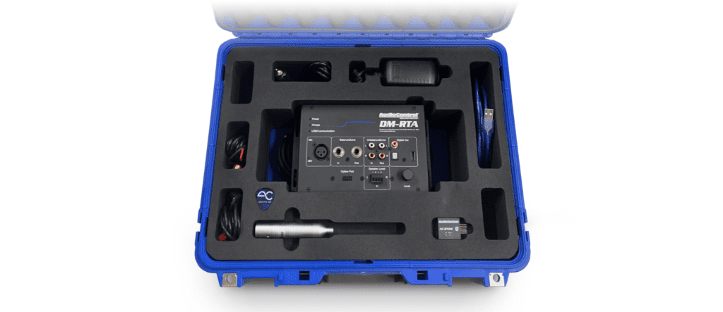 A blue case with an Audio Control DM-RTA Pro Kit inside.