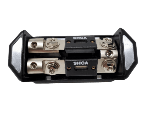 A Sky High Car Audio 1x 1/0 to 2x 4 Gauge Dual ANL Fuse Holder (Set Screw) box with two wires in it.