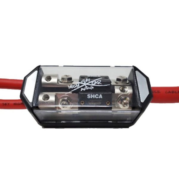 A Sky High Car Audio 1x 1/0 to 2x 4 Gauge Dual ANL Fuse Holder (Set Screw) with a red wire attached to it.
