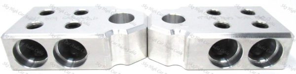 A pair of Sky High Car Audio SAE 4 1/0-4/0 XL Set Screw Battery Terminals with holes in them.