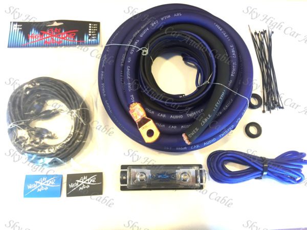 A Sky High Car Audio 1/0 CCA Amp Kit Red/Black with wires and cables.