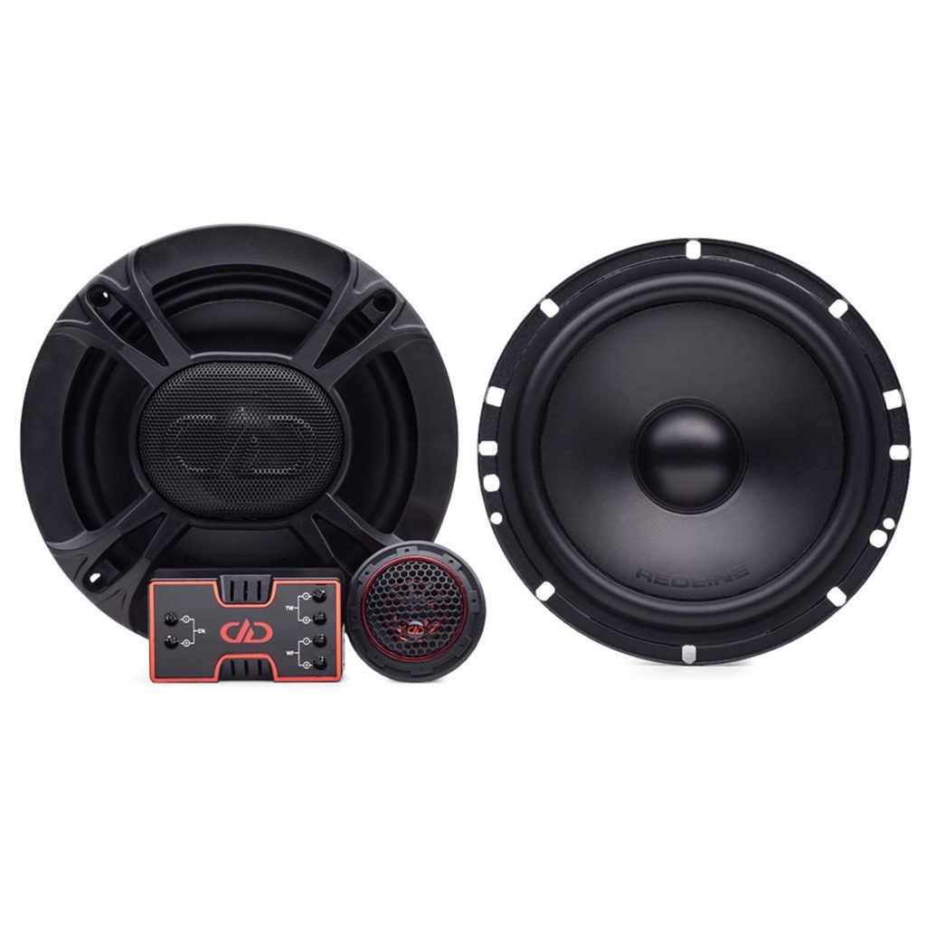 A pair of DD Audio RL-C6.5 Redline Series Component Set speakers and a remote control.
