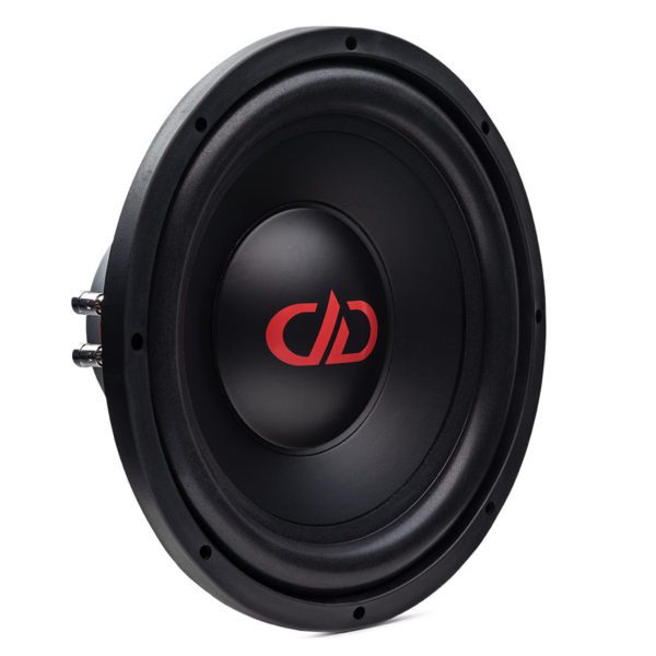 A black DD Audio REDLINE 12" Hi-Def Tuned Subwoofer with a red logo on it.