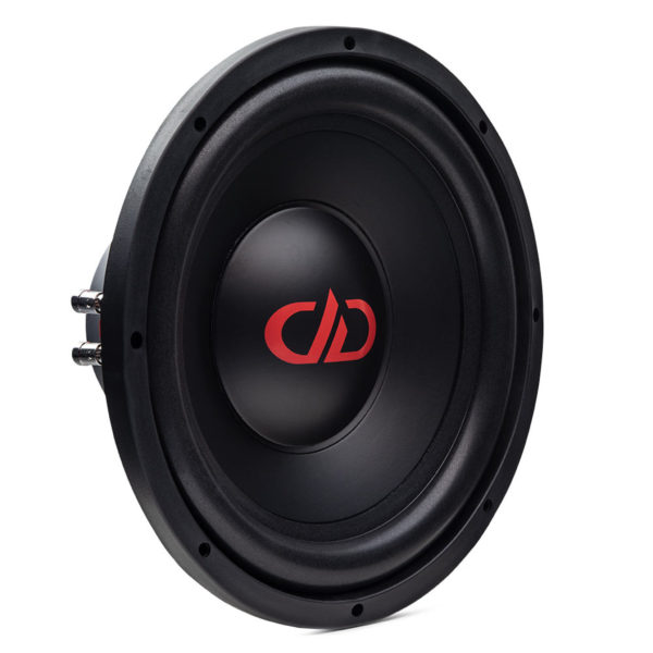A black DD Audio REDLINE 10" Hi-Def Tuned Subwoofer with a red logo on it.
