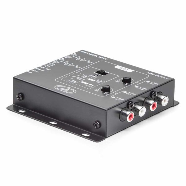 A small black DD Audio SC4a 4 Channel Line Output Signal Converter with two inputs and two outputs.