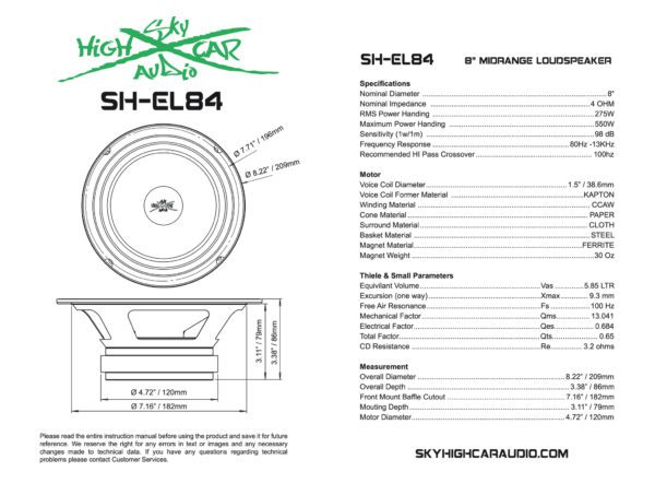 The wiring diagram for the Sky High Car Audio EL84 8 Inch Pro Audio Midrange/Midbass.