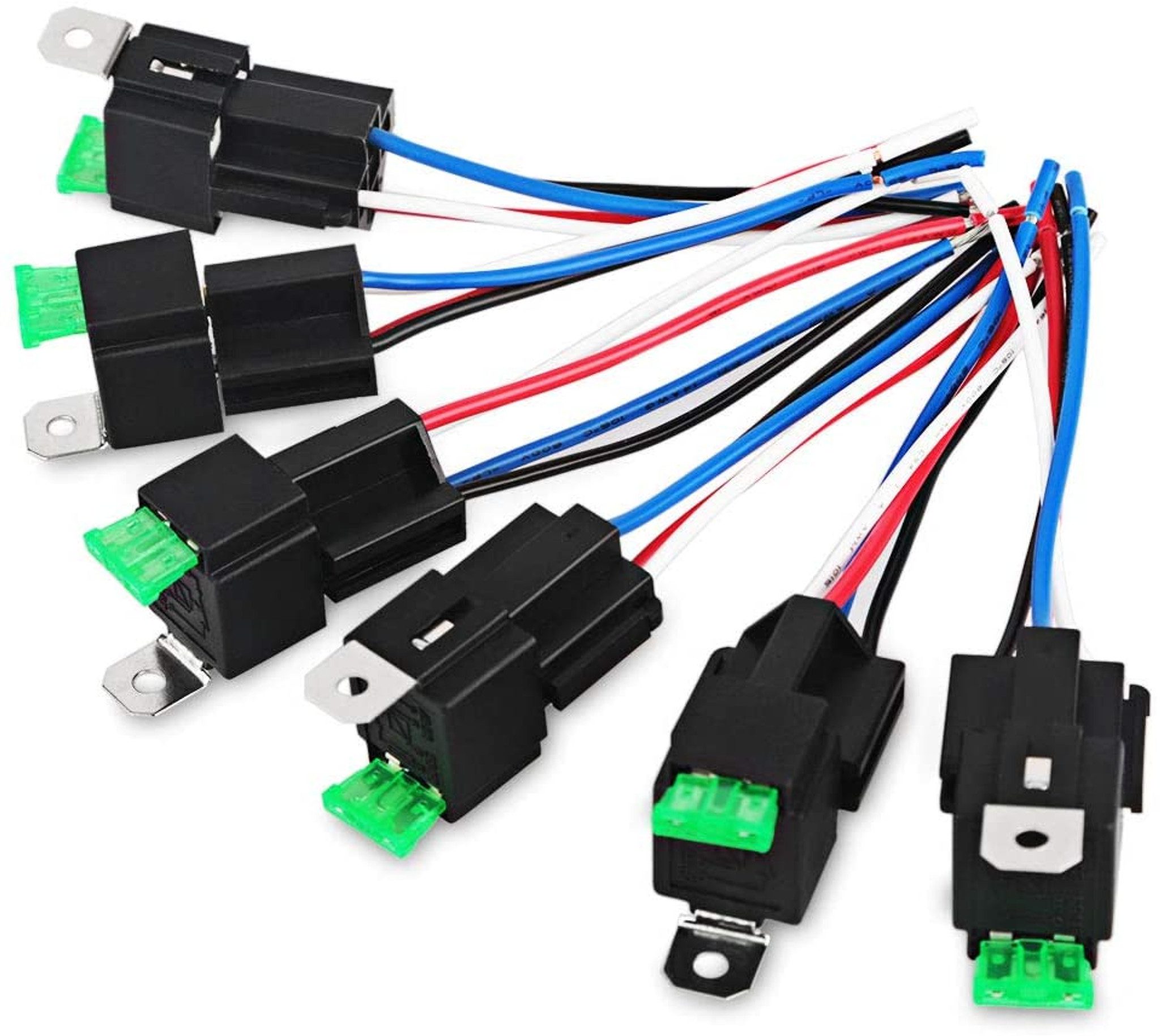 A set of 30A Fused Relay with 4-Pin Harness (6 Pack) wires with green wires.