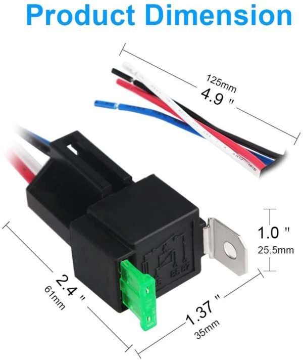 A diagram of the 30A Fused Relay with 4-Pin Harness (6 Pack) dimensions and wiring diagram.