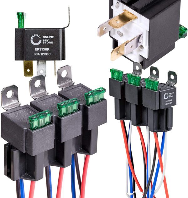 A set of 30A Fused Relay with 4-Pin Harness (6 Pack) with green and black wires.