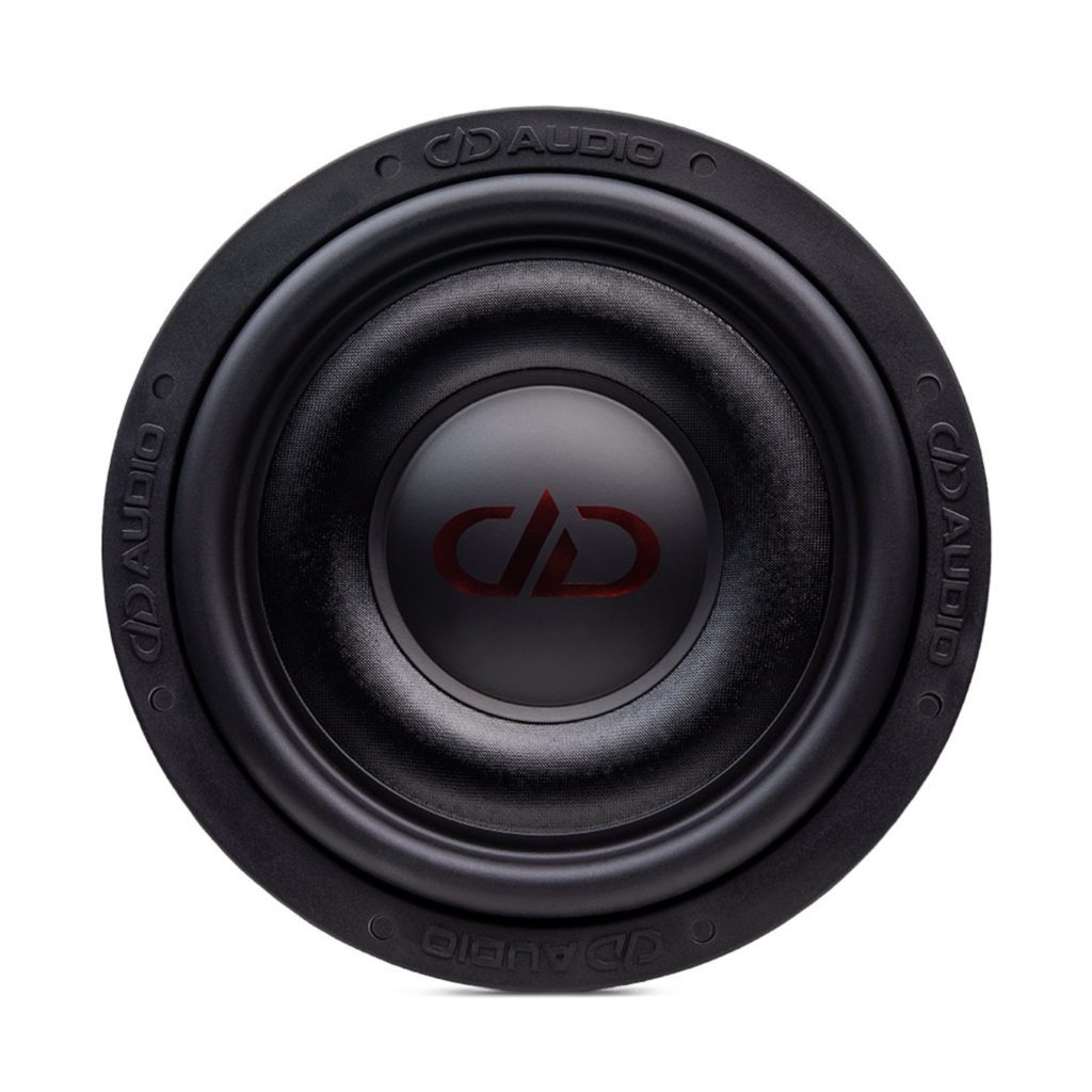 A black DD Audio 10" SL600 Slim Line Series Subwoofer with a red logo on it.