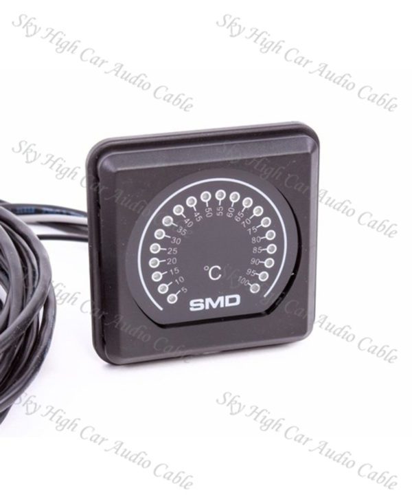 A black SMD TM-1 LED Amplifier Temperature Meter Fan Controller with a wire attached to it.
