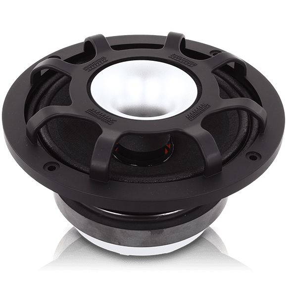 A black ECX-6.5 - 6.5" 4ohm Coaxial speaker with a white cone.