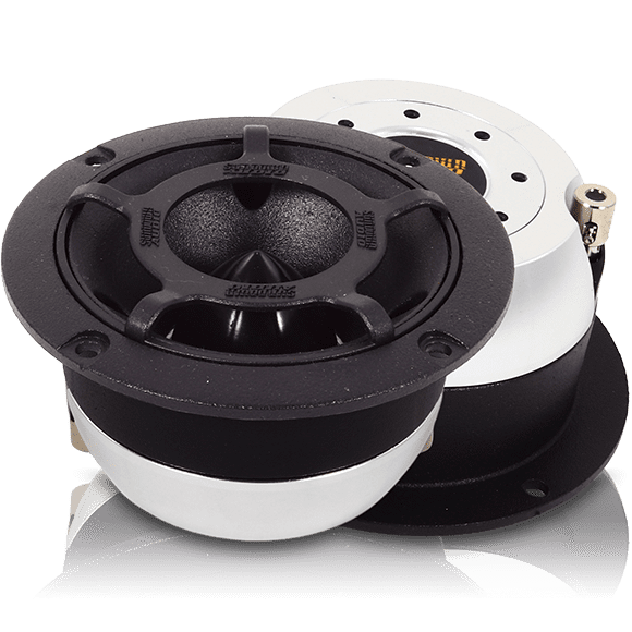 A pair of black and white ET-1R Tweeter with Grill Large 4 OHM speakers on a white background.