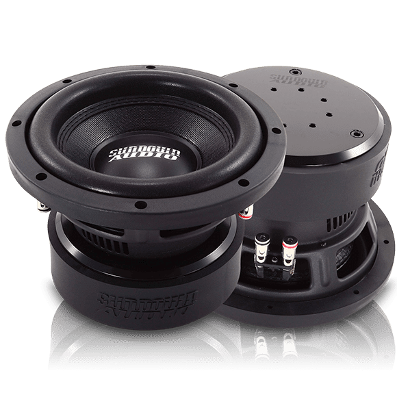 A pair of E Series v.6 8" D4 300-watt subwoofers on a white background.