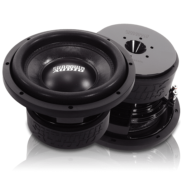 A pair of SA "Classic" 10" D2 (Black Motor)(750W) subwoofers on a white background.