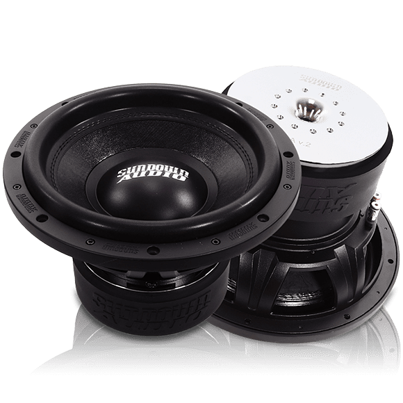 A pair of SA-12 v.2 (1000-watt) D2 subwoofers on a white background.