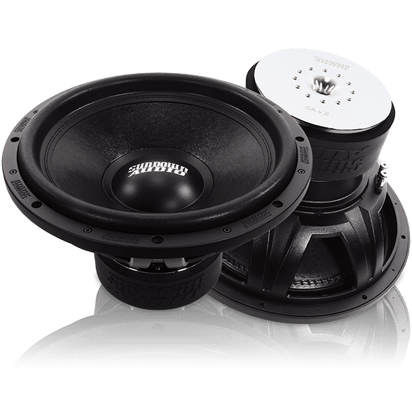 A pair of SA-15 v.2 (1000-watt) 2 OHM car speakers on a white background.