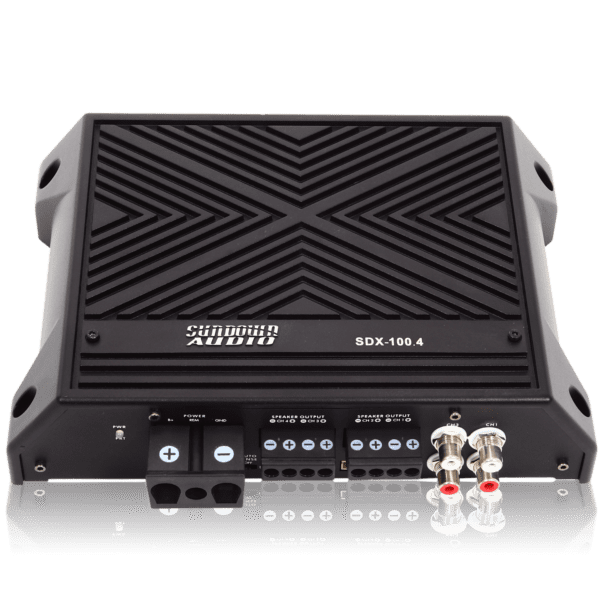 A Sundown Audio SDX-100.4 amplifier with two inputs and two outputs.