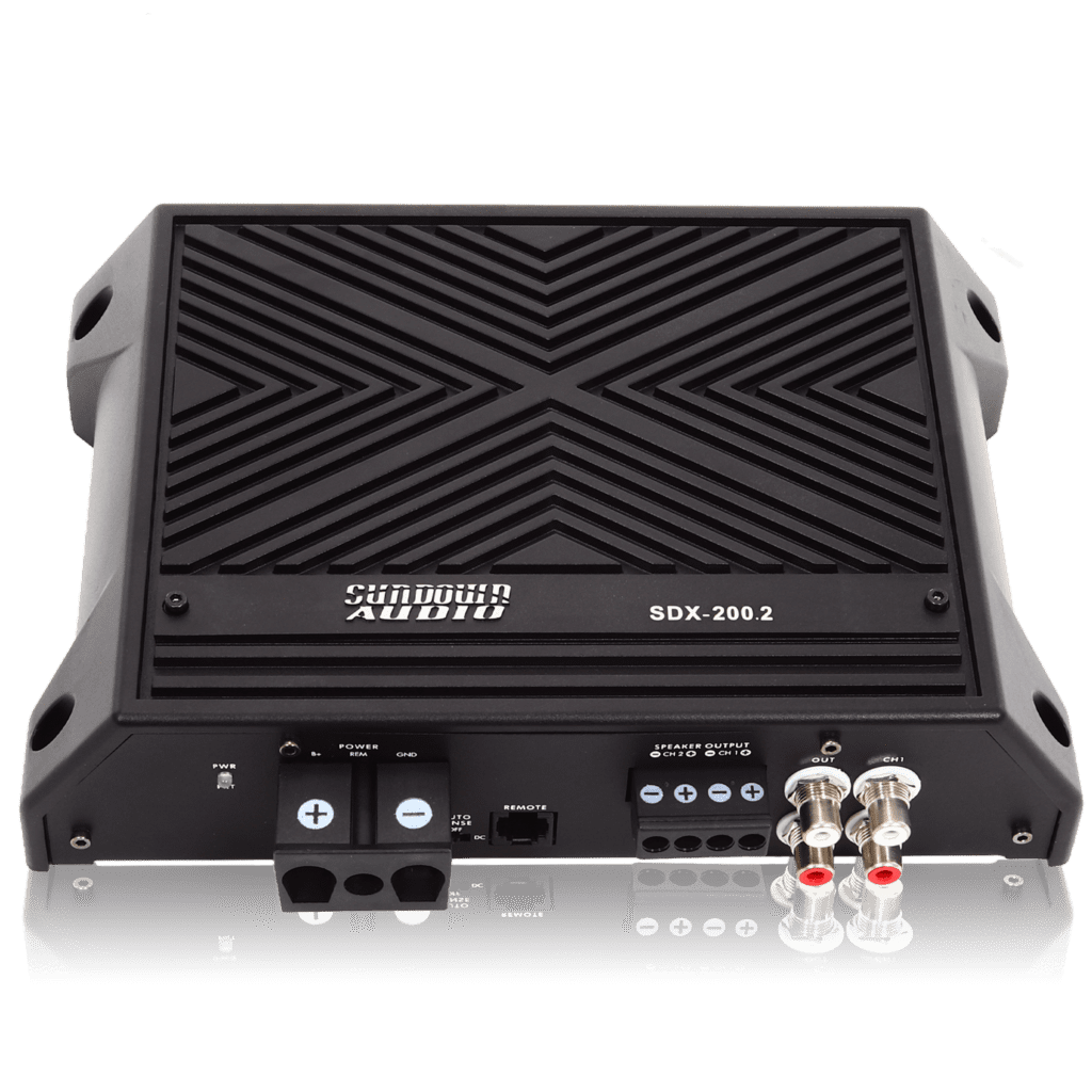 The Sundown Audio SDX-200.2 car audio amplifier is shown on a white background.
