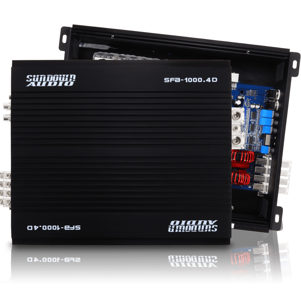 The Sundown Audio SFB-1000.4 amplifier with a black case.