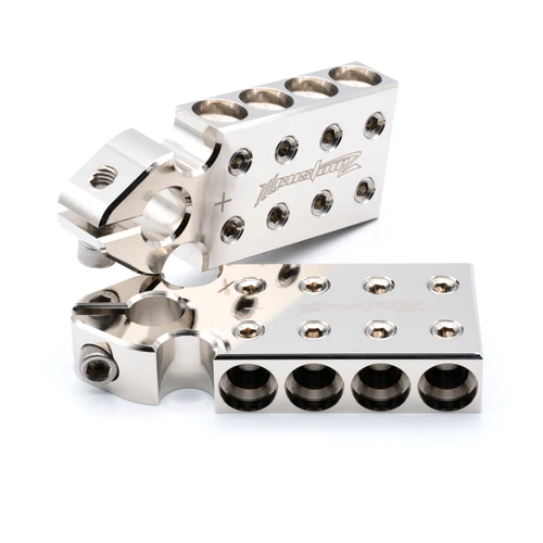 A pair of ILL Customz SAE Battery Terminals – 8 Spot Set Screw Input Style on a white background.