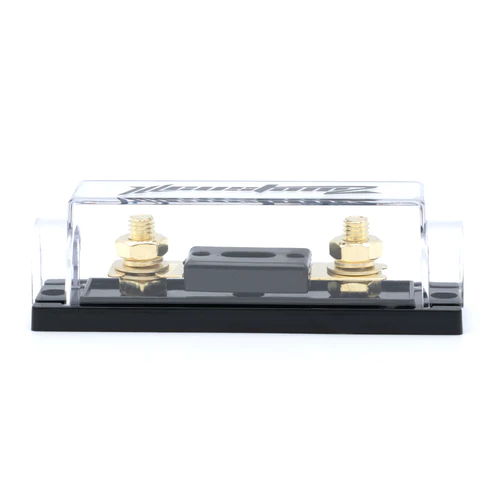 A black ILL Customz Budget ANL Fuse Holder with two gold wires in it.