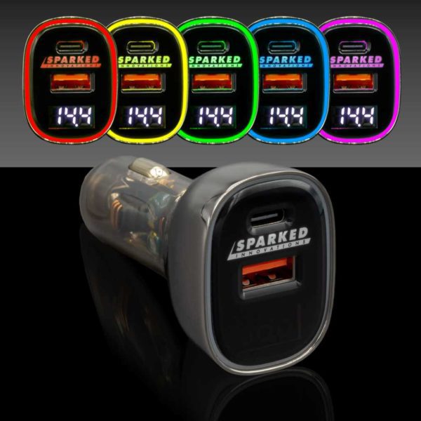 A set of Sparked Innovations 12v USB 4.0 Quick Charge 3.0 Power Delivery Voltmeter 60w chargers with different colors.