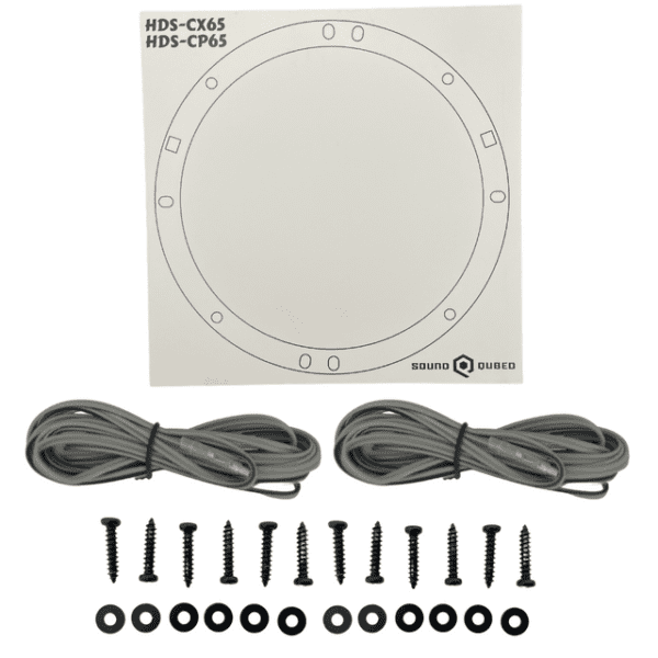 A white plate with Soundqubed HDS Series 6.5" Coaxial 2-way Speakers (Pair) and wires.