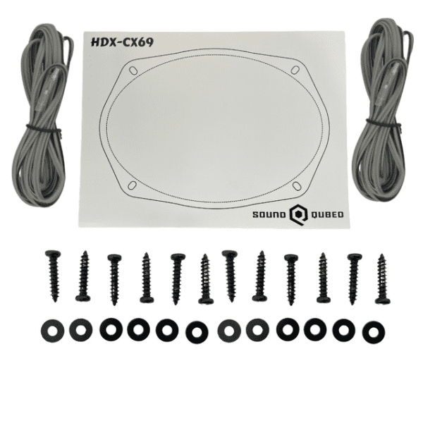 A white box with screws and screws for the Soundqubed HDX Series 6x9" Coaxial 2-way Speakers (Pair).