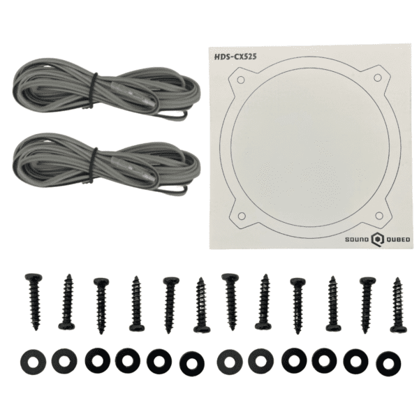 A white plate with Soundqubed HDS Series 5.25" Coaxial 2-way Speakers (Pair) and screws.