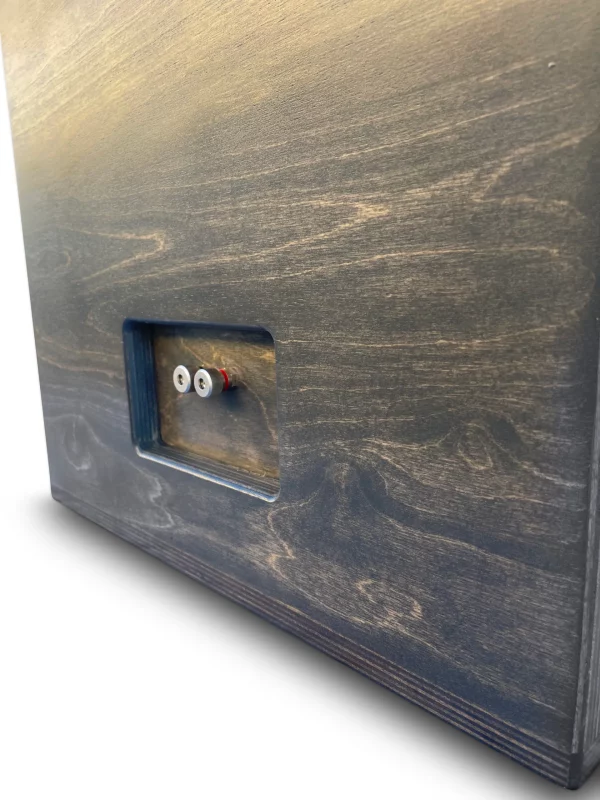 A close up of a wooden box with a button on it, perfect for use as an Adire Audio Performance Series – Dual 8″ 1.6 Cf Net Ported Enclosure or performance subwoofer enclosure. The box is expertly crafted, showcasing the exceptional capabilities of the Adire Audio Performance Series – Dual 8″ 1.6 Cf Net Ported Enclosure.