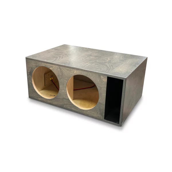 A wooden box with two holes, designed for the Adire Audio Performance Series – Dual 12″ 4.0 Cf Net Ported Enclosure v2.