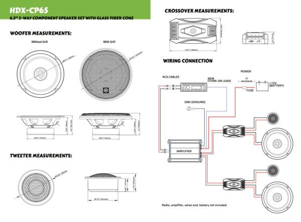 The wiring diagram for a Soundqubed HDX Series 6.5" Component Set (Pair) of car speakers.