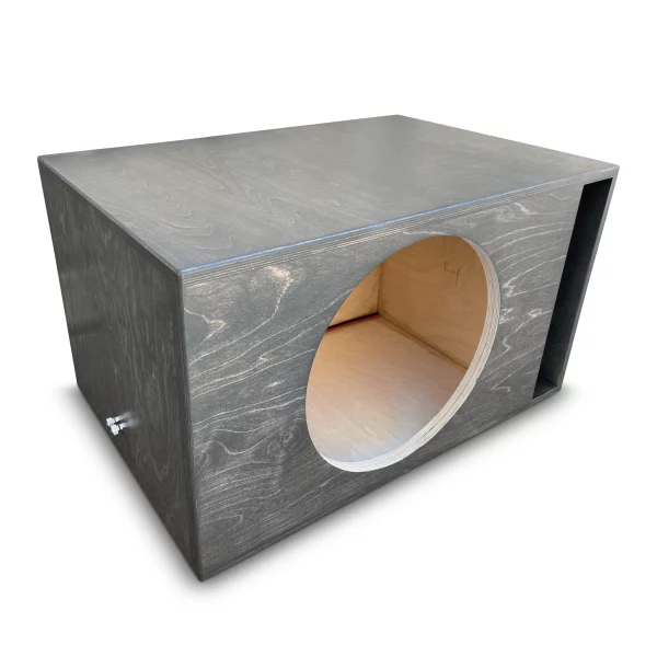 A wooden box with a hole in it, specifically designed as a performance subwoofer enclosure for the Adire Audio Performance Series – Single 15" 3.5 Cf Net Ported Enclosure.