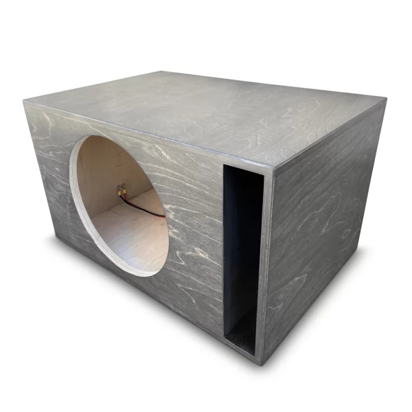 A Adire Audio Performance Series – Single 15″ 3.5 Cf Net Ported Enclosure made by Adire Audio in a sleek grey design featuring a strategically placed hole for optimum performance.