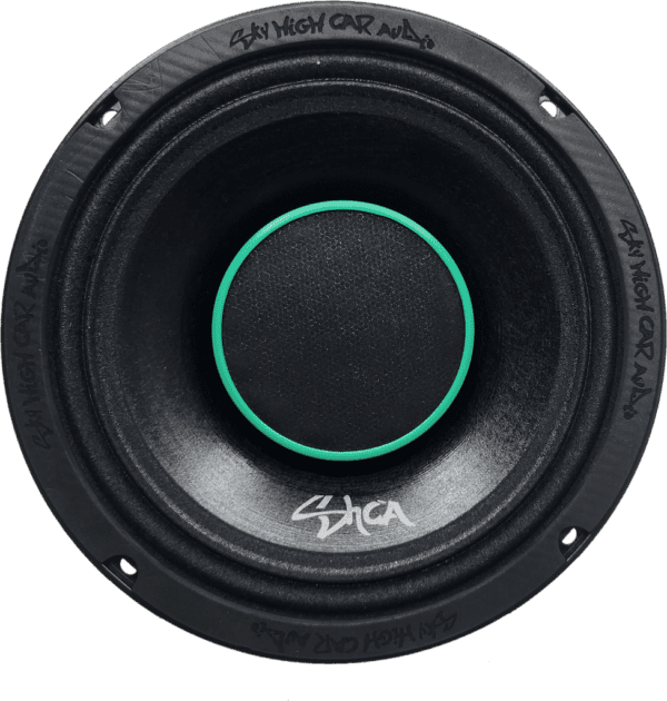 Front view SHCA Pro Audio HD8.4E 8-inch Hybrid Midrange Coaxial Speaker 500 Watts 4 Ohm Single with a green tweeter