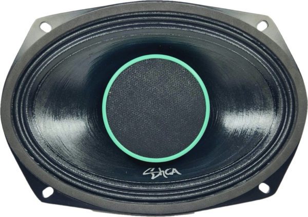 A black SHCA Pro Audio HD69.4E 6 by 9 inch Hybrid Midrange Coaxial Speaker 500 Watts 4 ohm (Single) with a green dome