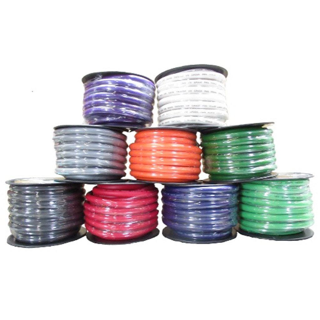 A Sky High Car Audio OFC 1/0 Gauge 50ft Spool - Green of different colored wires.